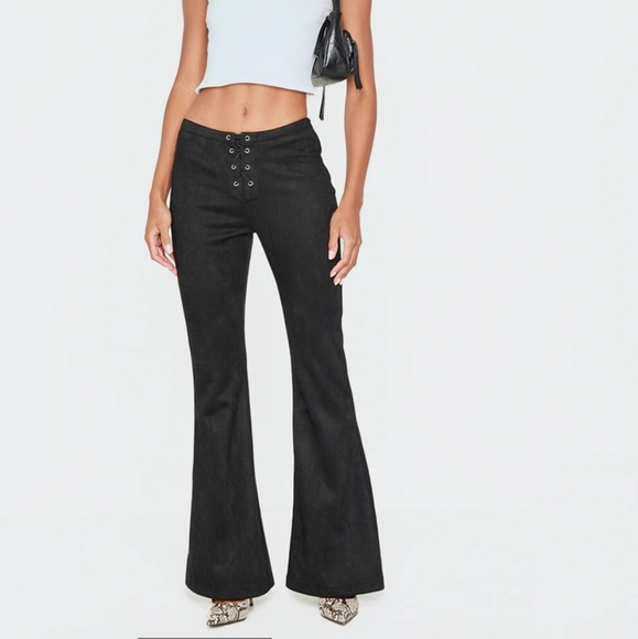 Pretty little Thing faux suede flared lace up pullover Pants black 4 Oversized. - Picture 1 of 17